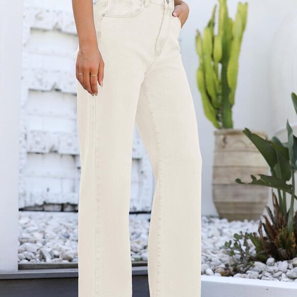 Womens Jeans High Waisted Straight Leg Loose Stretchy Lightweight Tummy Control - Picture 2 of 7